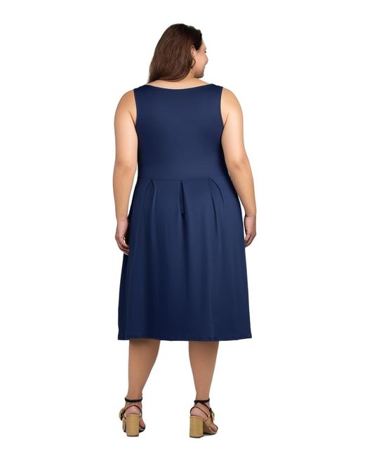 24seven Comfort Apparel Blue Plus Size Sleeveless Midi Fit And Flare Pocket Dress