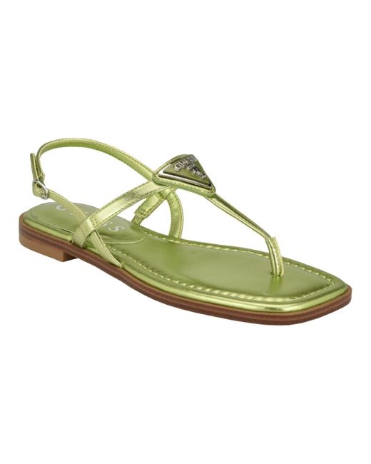 Guess Green Rainey Logo Sqaure Toe T-strap Flat Sandals