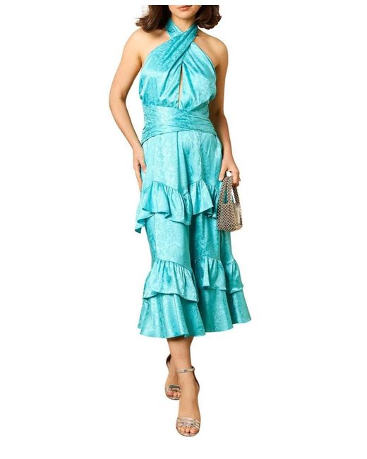 Oasis Blue Halterneck Satin Jacquard Midi Dress