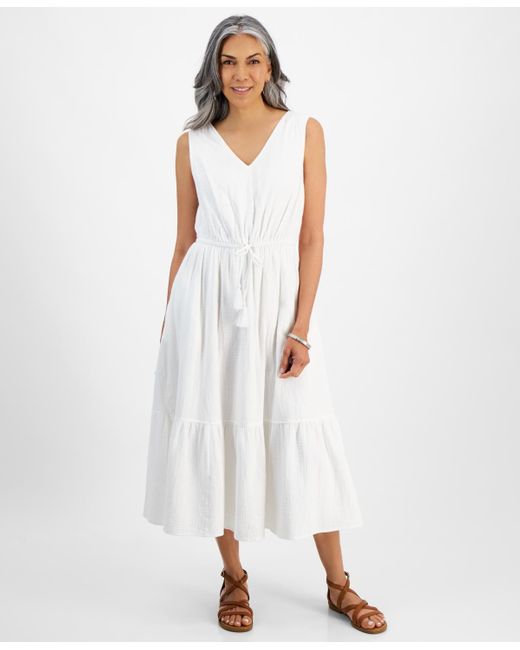 Style & Co. White Petite Drawstring-waist Sleeveless Midi Dress