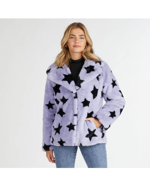 NVLT Blue Short Pile Faux Fur Star Print Jacket