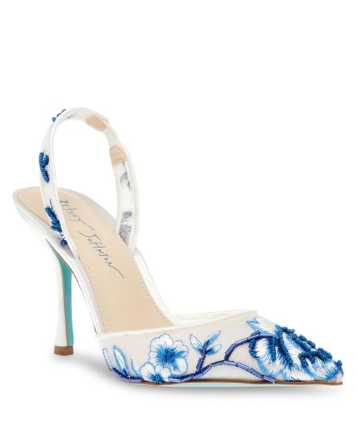 Betsey Johnson Blue Patch Mesh Embroidered Evening Pumps