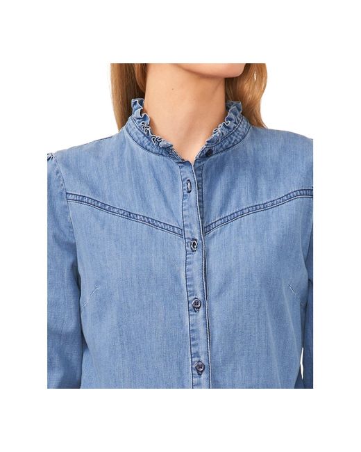 Cece Blue Ruffle Neck Button Down Denim Blouse