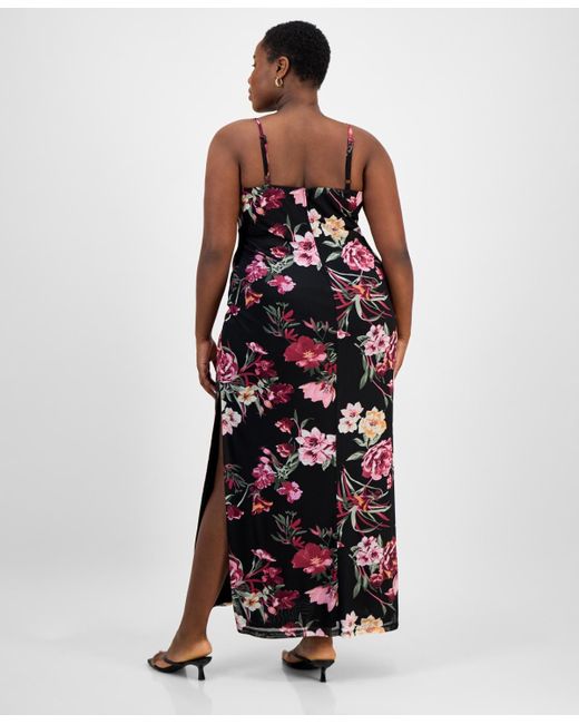 B Darlin Red Trendy Plus Size Floral Mesh Maxi Dress