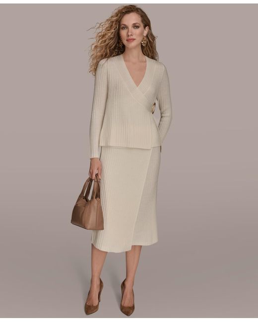 Donna Karan Natural Ribbed V-neck Long Sleeve Sweater