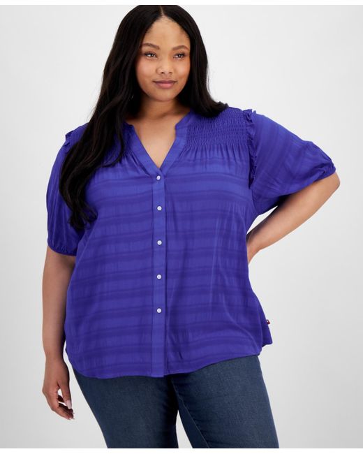 Tommy Hilfiger Purple Plus Size Short-sleeve Smocked-yoke Top