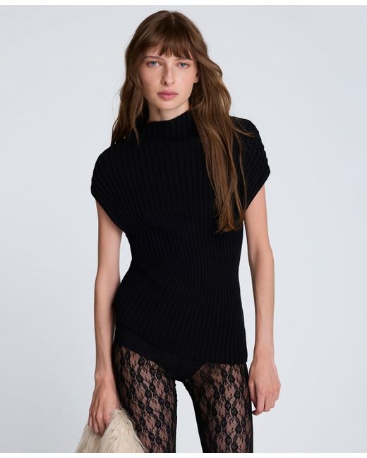 Kenneth Cole Black Asymmetric Rib Mock Neck Sweater