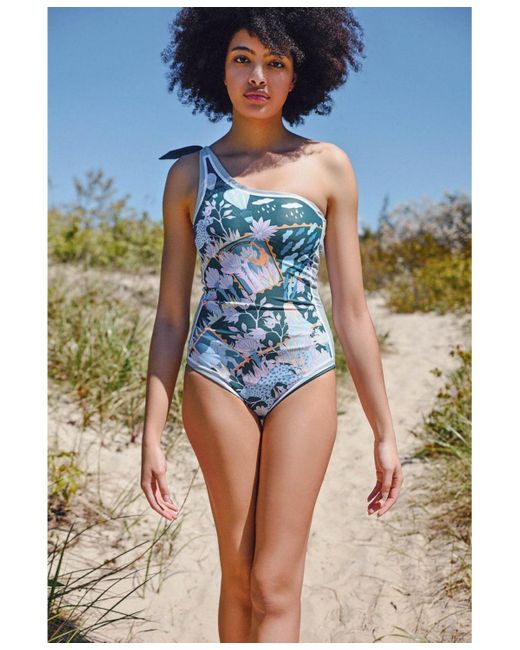 Jessie Zhao New York Blue Green Garden Reversible One-shoulder One-piece Swimsuit