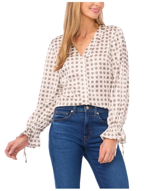 Cece White V-neck Button-down Lace Flounce Top