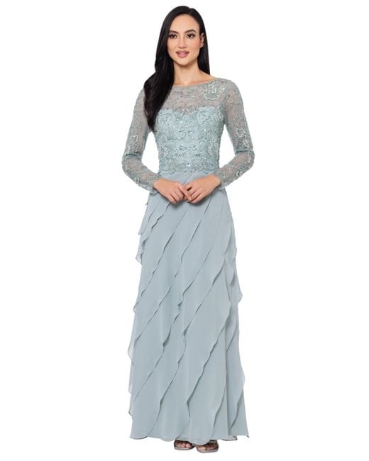 Xscape Blue Boat-neck Long-sleeve Sequin Dress