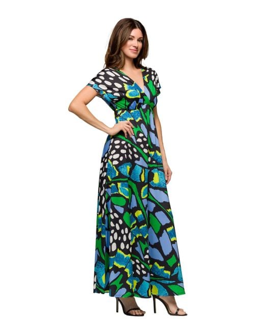 24seven Comfort Apparel Green V Neck Empire Waist Cap Sleeve Maxi Dress