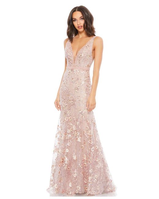 Mac Duggal Pink Floral Embellished Sleeveless Plunge Neck Gown