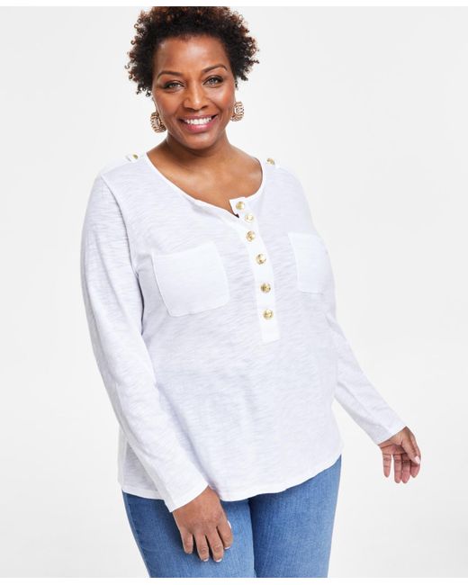 INC International Concepts White Plus Size Button-front Long-sleeve Top