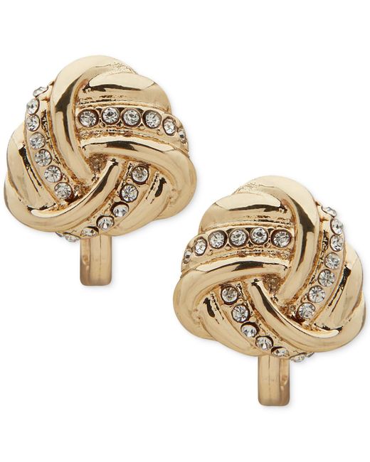Anne Klein Metallic Gold-tone Pave Knot Clip-on Button Earrings