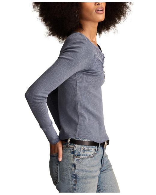 Lucky Brand Blue Lace-yoke Long-sleeve Henley Top
