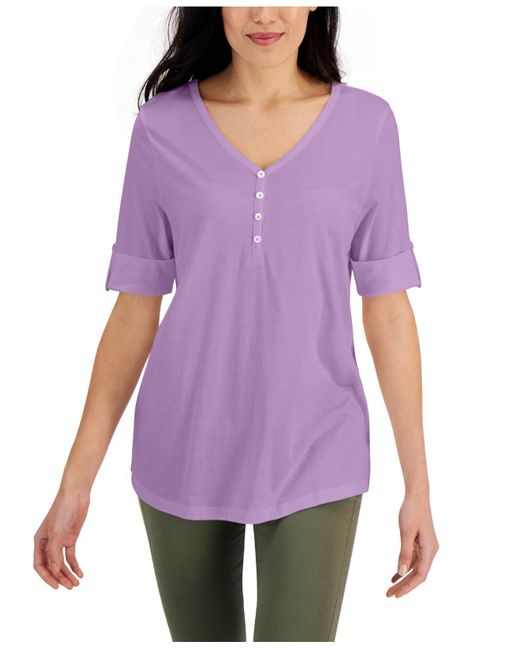 Karen Scott Cotton Solid Elbowsleeve Henley Tunic Top, Created For