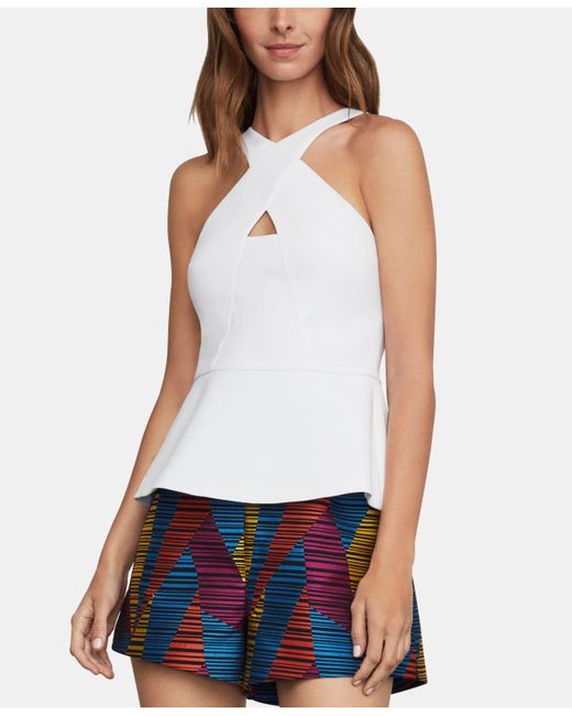 BCBGMAXAZRIA Cross neck Peplum Top in White Lyst