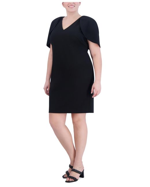 Jessica Howard Black Plus Size V-neck Cape-sleeve Sheath Dress