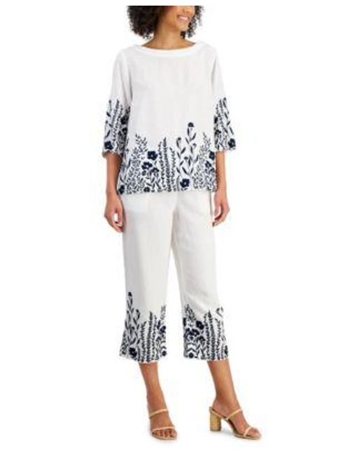 Charter Club White Linen Embroidered 3 4 Sleeve Top Cropped Pants Created For Macys