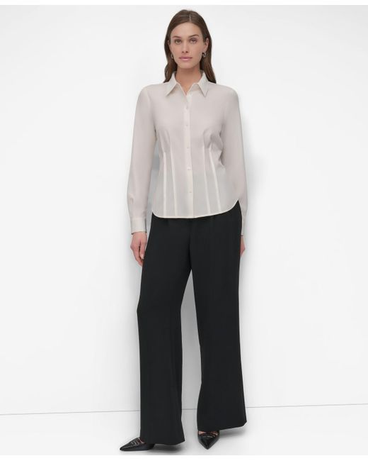 DKNY White Button-front Collared Fitted Blouse