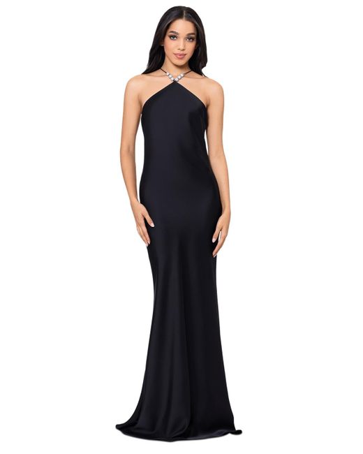 Betsy & Adam Blue Pave-bead Satin Halter Gown
