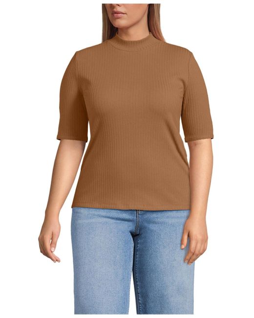 Lands' End Blue Plus Size Elbow Sleeve Pointelle Rib Mock Neck