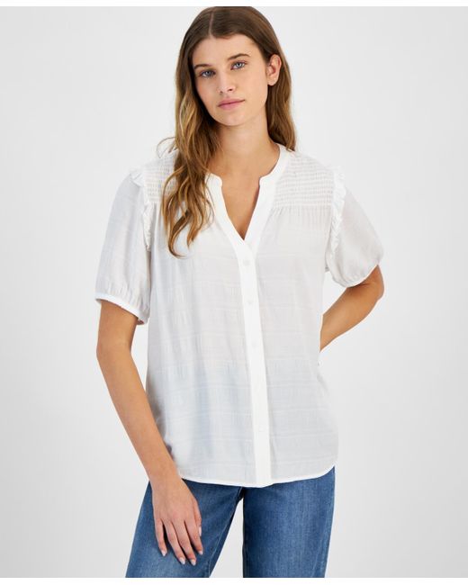 Tommy Hilfiger White Smocked Textured Blouse