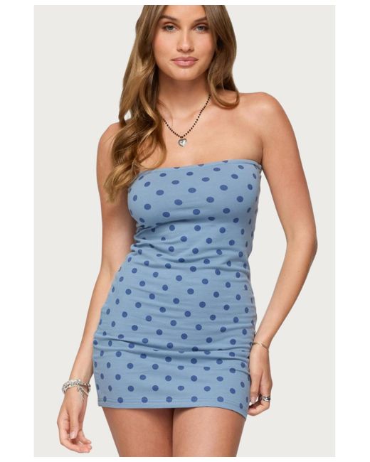 Edikted Blue Lewis Polka Dot Strapless Mini Dress