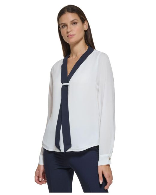 Tommy Hilfiger Sailor-style Tie-neck Long-sleeve Top in White | Lyst