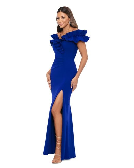 Xscape Blue Petite Ruched Side-slit Long Sheath Dress