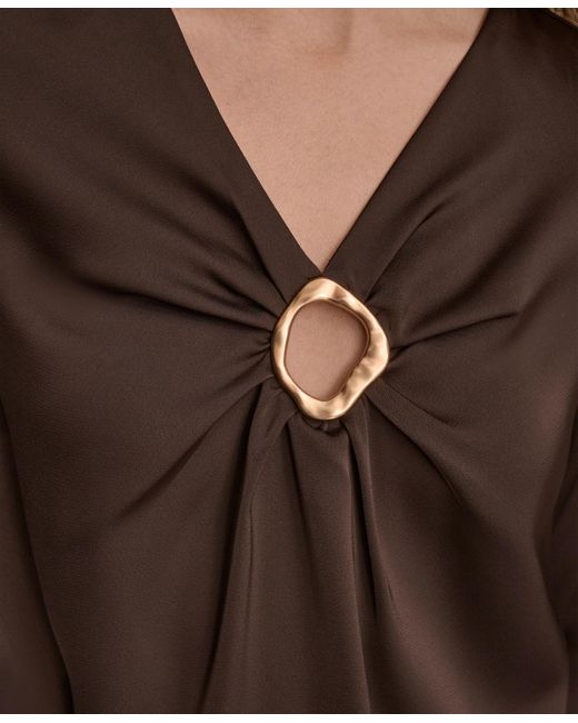Donna Karan Brown V-neck Embellished Top