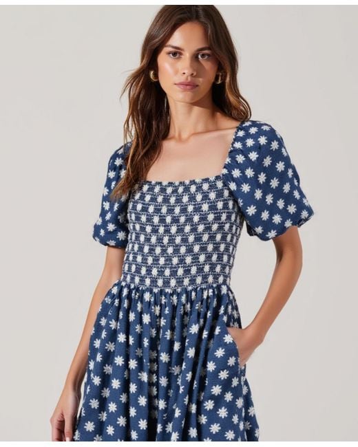 Modenaire Blue Smocked Puff-sleeve Tiered Midi Dress