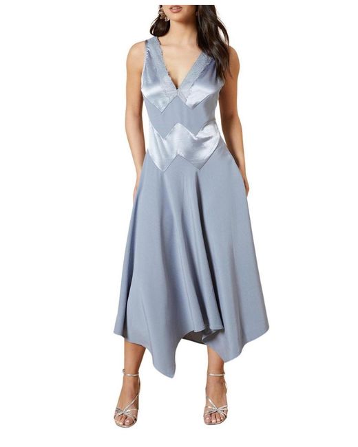 Oasis Blue V-neck Mesh Asymmetric Midi Dress
