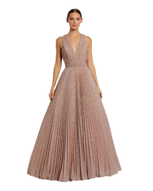 Mac Duggal Women's Brown Shimmering Georgette Pleated Sleeveless Gown