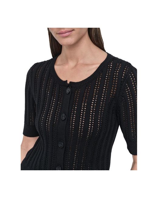 DKNY Black Crewneck Short-sleeve Cardigan Cable Pointelle Cardigan Sweater