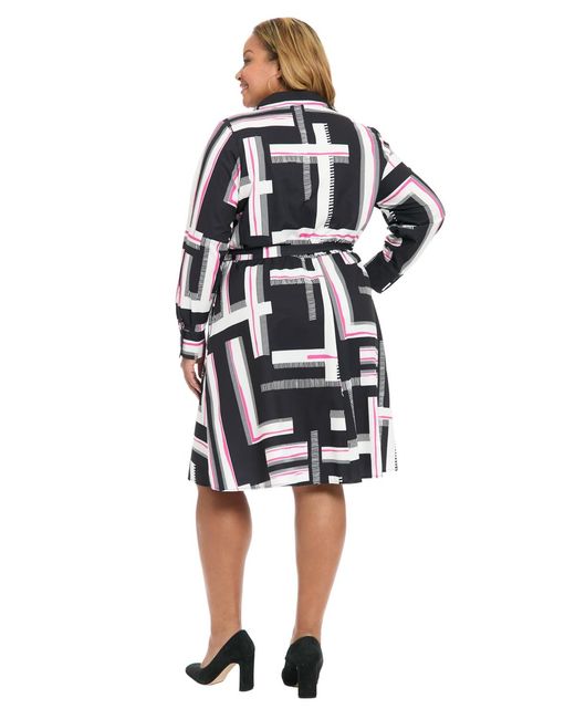 London Times White Plus Size Long-sleeve Printed Shirt Dress