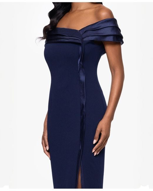 Betsy & Adam Blue Organza Off-the-shoulder Dress