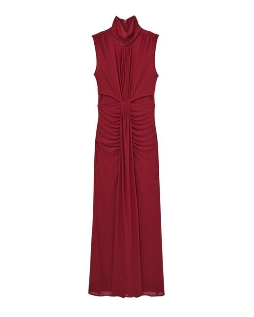 Reiss Red Sheer Ruched Maxi Dress