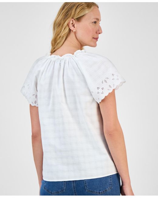 Style & Co. White Embroidered Cotton Flutter-sleeve Top