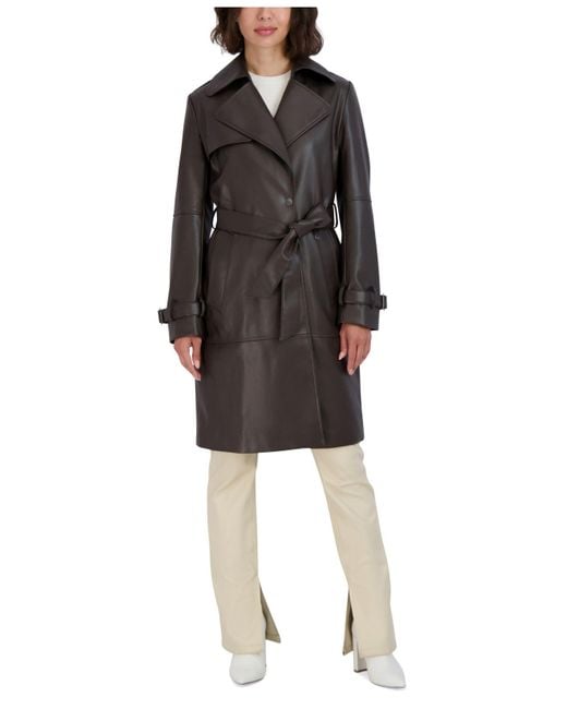 Tahari Elle Belted Faux-leather Trench Coat in Cocoa (Brown) | Lyst Canada