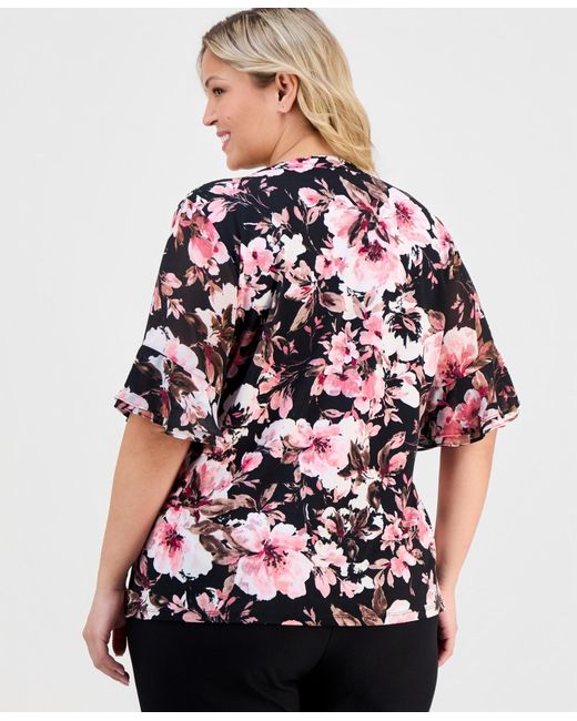 Anne Klein Essentials Red Plus Size Split-neck Printed Flutter-sleeve Top