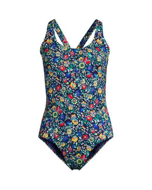 Lands' End Blue Petite Chlorine Resistant X-back High Leg Soft Cup Tugless Sporty One Piece Swimsuit
