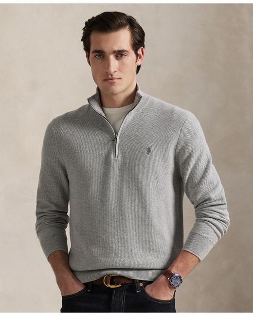 Polo Ralph Lauren Men's Gray Mesh-knit Cotton Quarter-zip Sweater