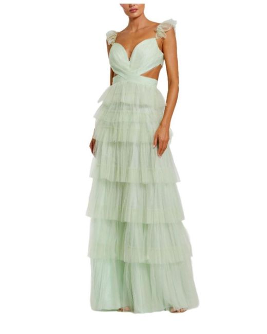 Mac Duggal White Ruffle Tiered Tulle Cut Out Gown