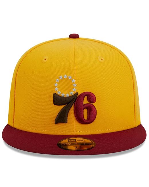 KTZ Yellow/red Philadelphia 76ers Fall Leaves 2-tone 59fifty Fitted Hat for men