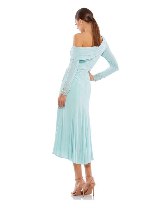 Mac Duggal Ieena Foldover Long Sleeve Jeweled Midi Dress in Blue | Lyst