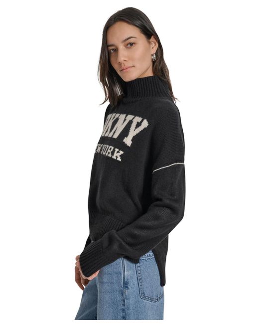 DKNY Black Intarsia Logo Turtleneck Sweater