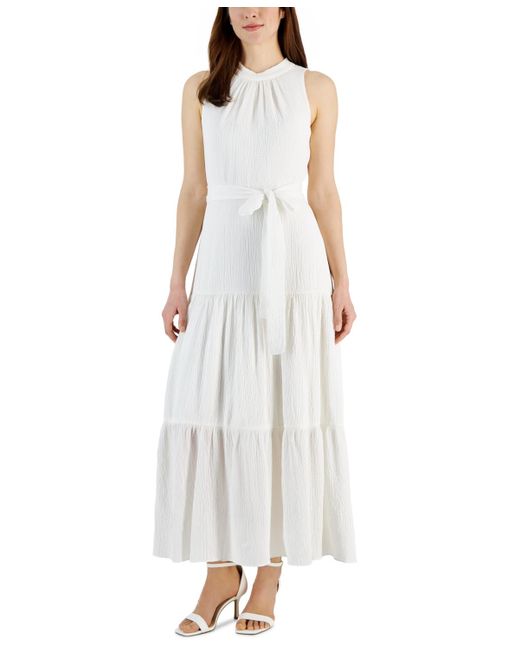 Anne Klein White Tie-neck Tiered Sleeveless Maxi Dress