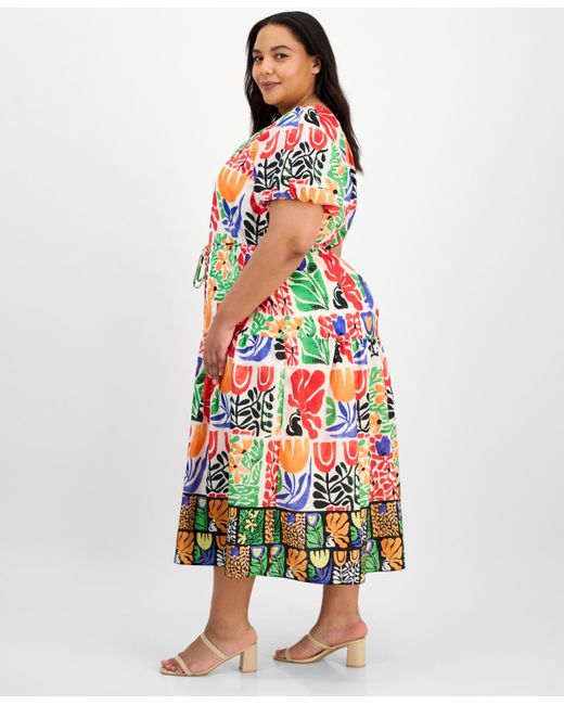 Julia Jordan White Plus Size Puff-sleeve Printed Midi Dress