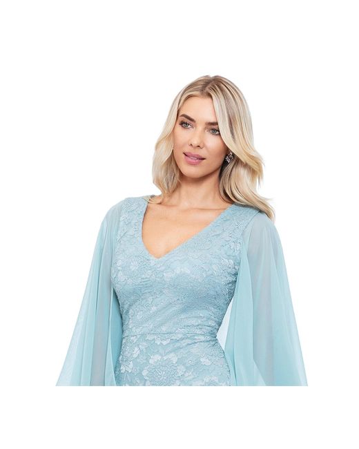 Betsy & Adam Blue Lace Cape-sleeve Gown
